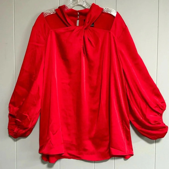 NWT ASHLEY STEWART Red Satiny Keyhole Twist Neck Blouse Cutouts Size 18/20 - Picture 1 of 8
